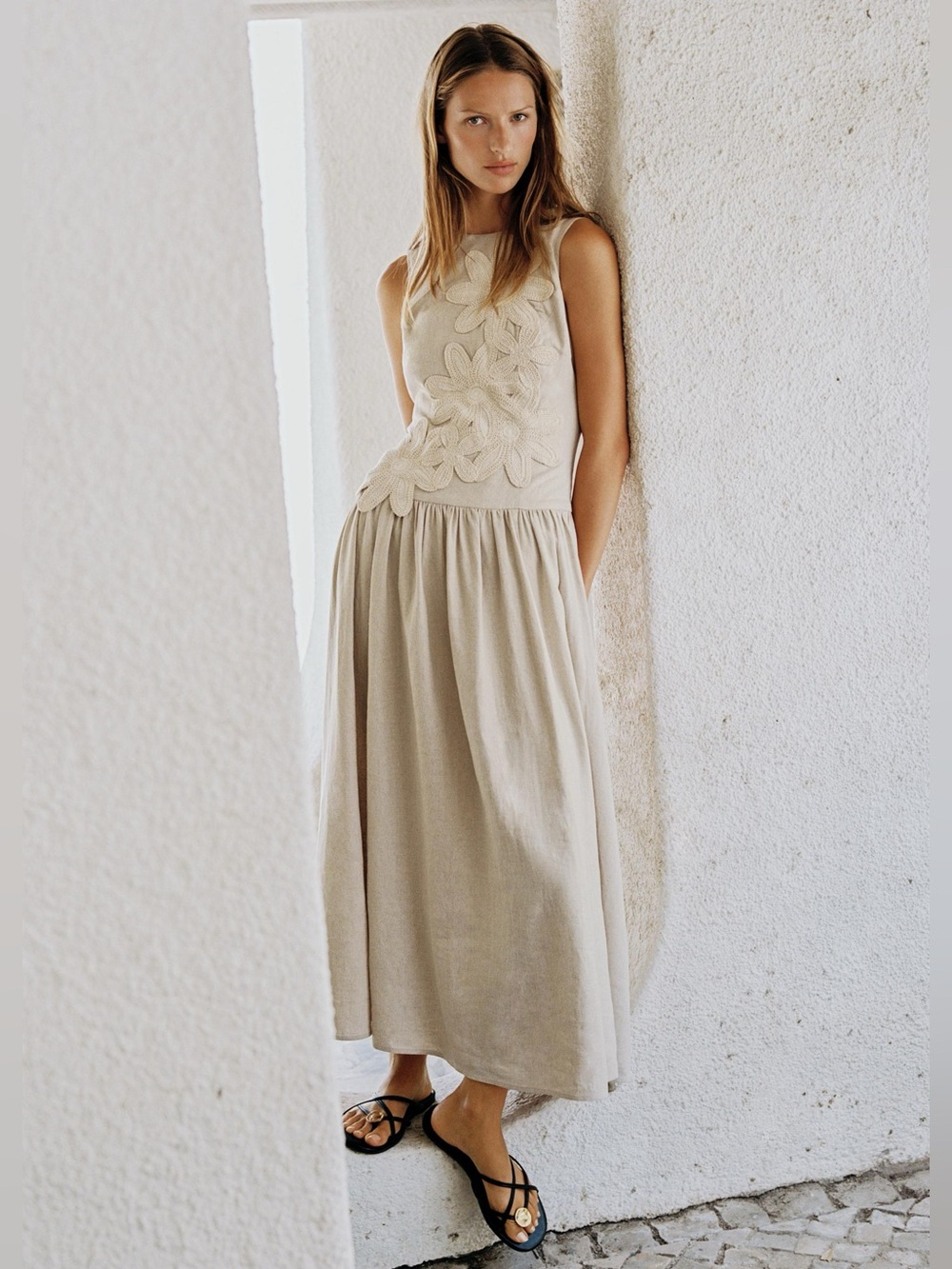 ZARA LINEN COMBINATION MIDI DRESS - Picture 3 of 12